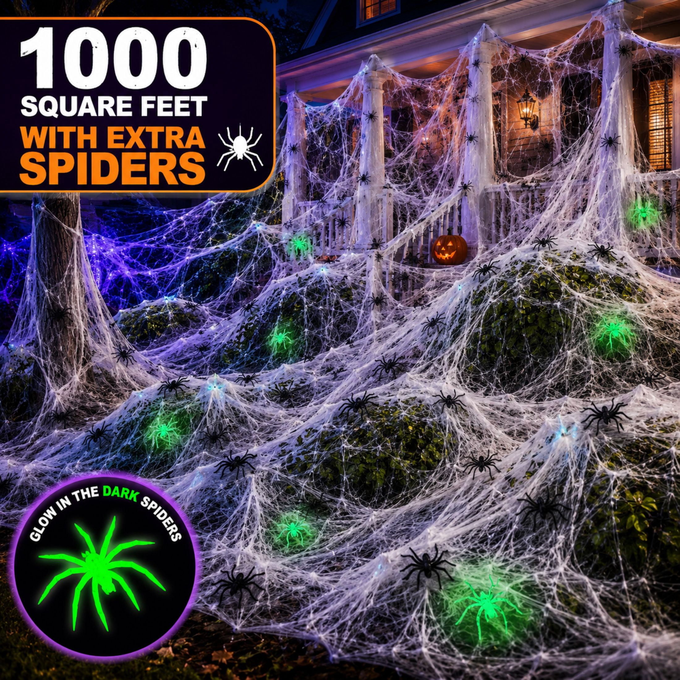 JoyX Halloween Spider Web Decorations, 1000 Sq Ft Stretch Cobweb, 60 Spiders, 30 Glow