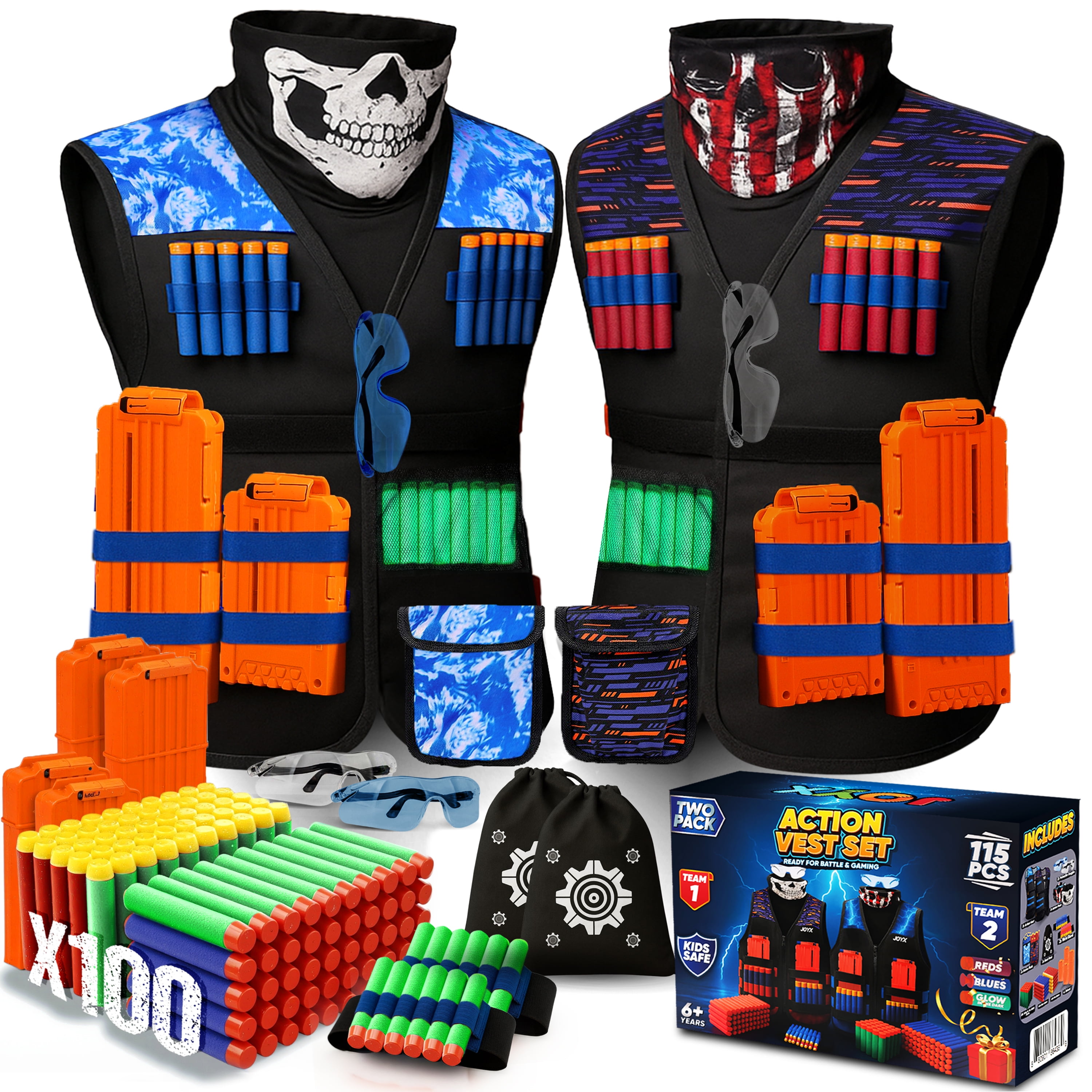 JoyX 2-Pack Kids Dart Vest Play Set with Glow-in-the-Dark Foam Darts & Accessories – Compatible with Nerf, XShot & Adventure Force