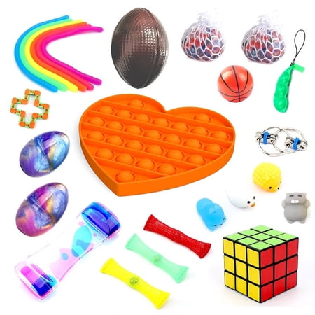JoyX 25 Pack Bundle Sensory Fidget Toys Set-Grape Ball/Pop It/Mochi Squishy/Stretchy String/Flippy Chain/Easter Egg Slime/Marble Mesh/Squeeze Bean/Cube for Autistic Kids, ADHD, Anti-Stress Toys