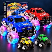 JoyX 4-Pack Light Up Monster Trucks for Kids, 2 Push & Go LED Trucks + 2 Mini Pull-Back Trucks