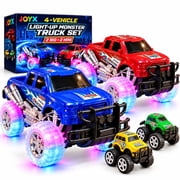 JoyX 4-Pack Light Up Monster Trucks for Kids, 2 Push & Go LED Trucks + 2 Mini Pull-Back Trucks