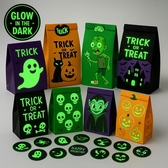 JoyX Halloween Candy Bags Glow-in-the-Dark Trick or Treat Bags | Party Supplies (48-Pack)