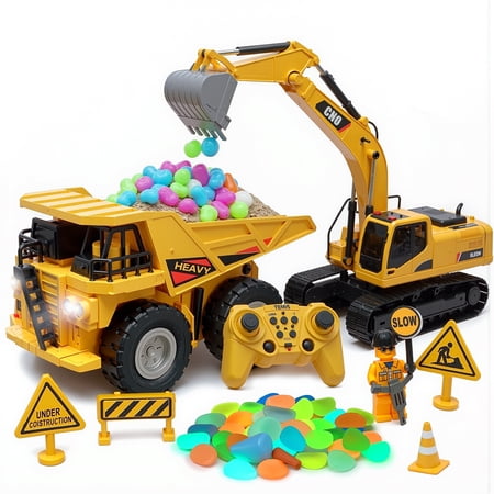 JoyX RC 2-in-1 Truck & Excavator Combo Set – RC STEM Construction Toy with LED Lights, Glow-in-the-Dark Stones & Signs Rechargeable – Fun for Kids & Adults, Perfect Christmas & Birthday Gift Ages 6+