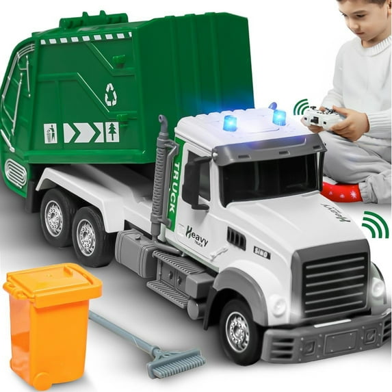 JoyX RC Garbage Truck Toy with LED Lights –Rechargeable, Interactive Christmas Gift for Kids 3-8