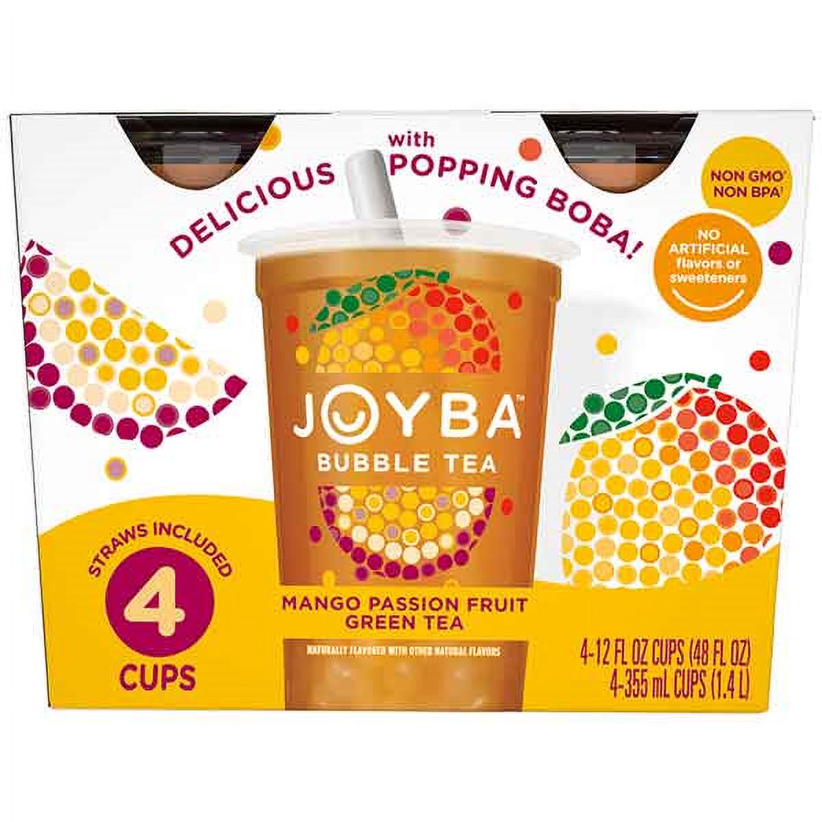 Joyba Bubble Tea Mango Passion Fruit Green Tea with Popping Boba, 4