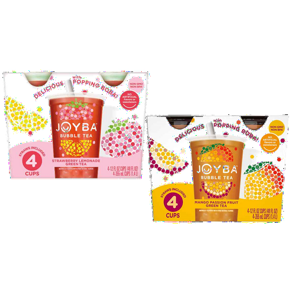 Joyba Bubble Tea Mango Passionfruit & Strawberry Lemonade Tea with Popping Boba, Variety 8-Pack Carton