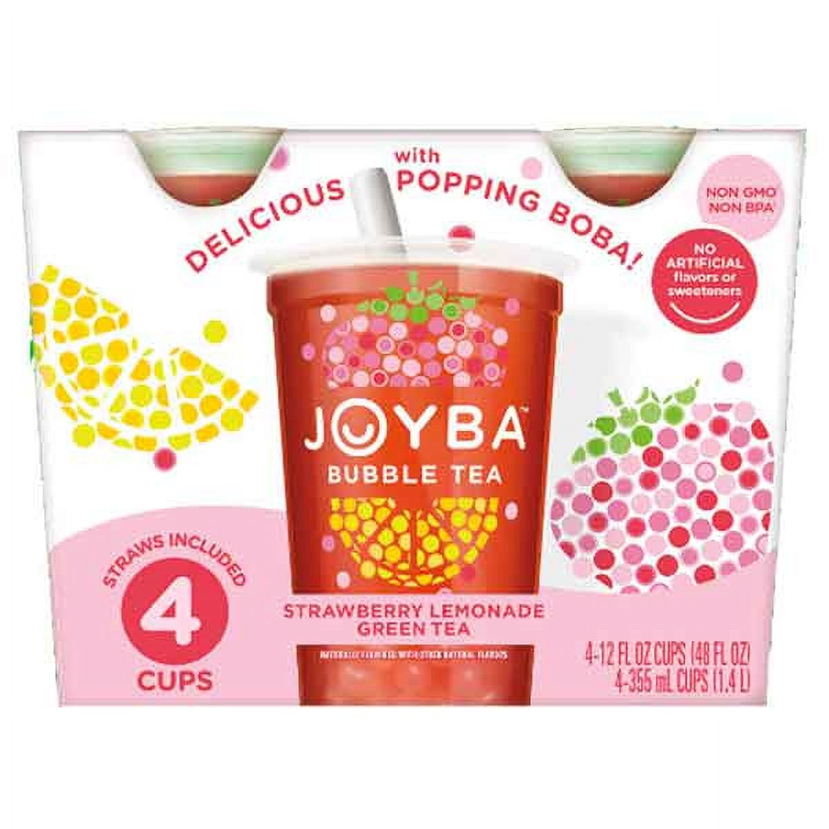 Joyba Bubble Tea Strawberry Lemonade Green Tea with Popping Boba, 4