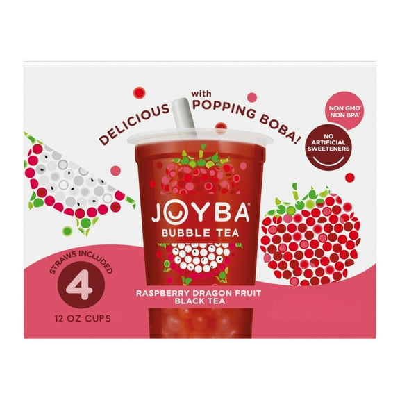 Joyba Raspberry Dragonfruit Black Tea Bubble Tea, 12 fl oz Cup (Pack of 4)