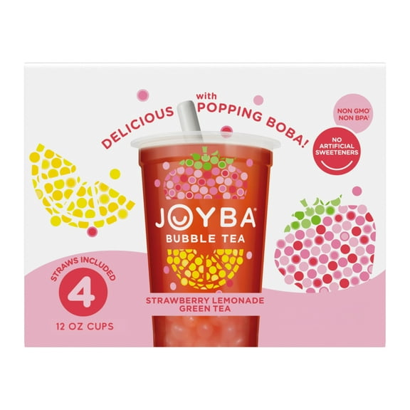 Joyba Strawberry Lemonade Green Tea Bubble Tea, 12 fl oz Cup (Pack of 4)