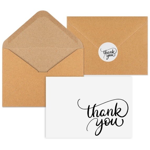 Joyberg 34 PCS baby shower thank you cards with envelopes 3.5”x5”, Blank Dark White thank you notes with envelopes set, brown paper envelopes and stickers wedding thank you cards with envelopes