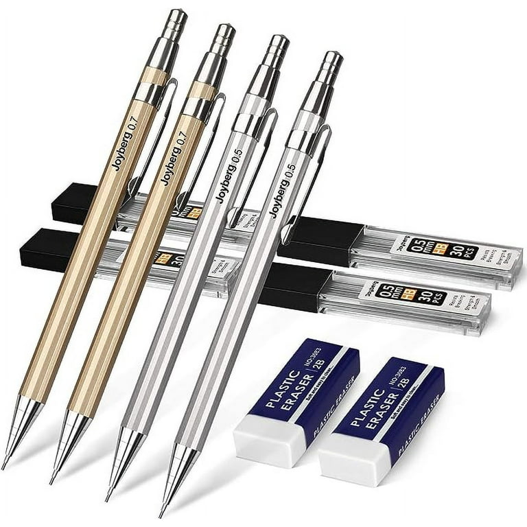 Joyberg 4 Pack Metal Mechanical Pencil 0.5mm, 0.7mm, Lead Pencil with 30 HB Lead Refills 0.5 & 30 HB Lead Refills 0.7 & 2 Erasers, Drafting Pencil Set