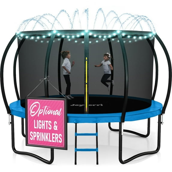 Joyberri trampoline for kids with trampoline net, add-on LED lights, and sprinklers, 10-ft, Blue
