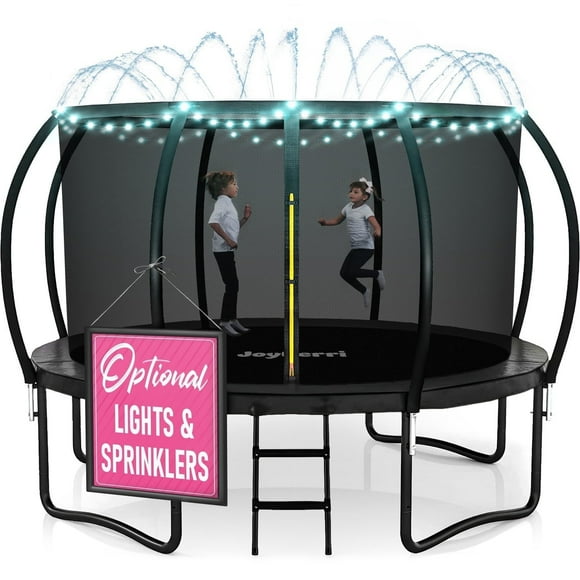 Joyberri trampoline for kids with trampoline net, add-on LED lights, and sprinklers, 12-ft, Black