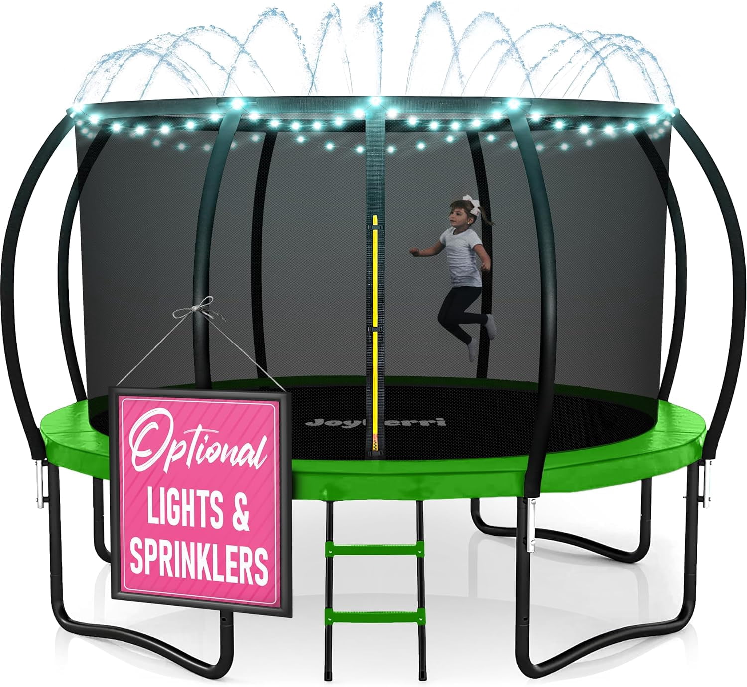 JoyBerri Trampoline Outdoor – 12Ft Recreational Trampoline with Enclosure Net, Ladder, LED Lights & Sprinkler – ASTM Certified Safe - Green