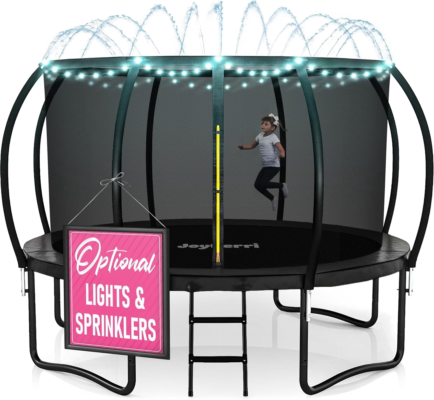 Joyberri trampoline for kids with trampoline net, add-on LED lights, and sprinklers, 14-ft, Black