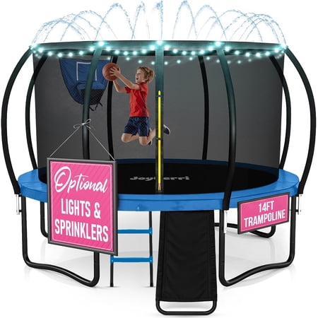 JoyBerri Outdoor Trampoline – ASTM Certified with Enclosure Net, Basketball Hoop, Slide, Sprinkler, LED Lights & Ladder – Rust-Resistant Frame - 14FT Size, Ultra Blue