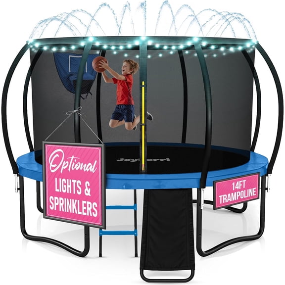 JoyBerri Outdoor Trampoline – ASTM Certified with Enclosure Net, Basketball Hoop, Slide, Sprinkler, LED Lights & Ladder – Rust-Resistant Frame - 14FT Size, Ultra Blue