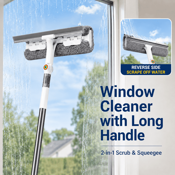 LFBEAR Window Cleaning Squeegee with Scrub Cloth, 52.4 in Handle, White