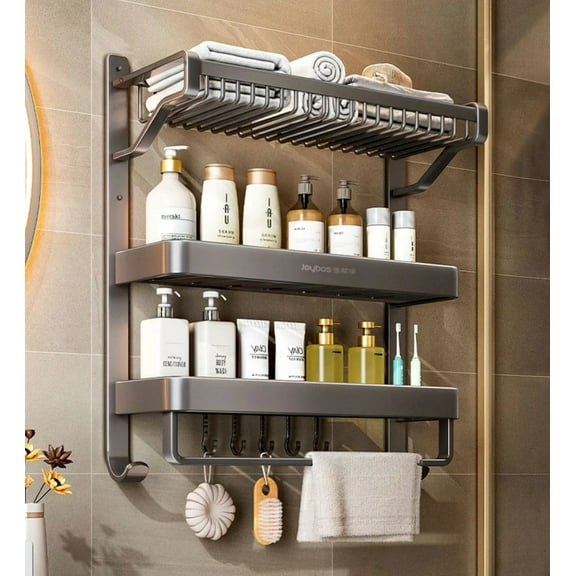 Joybos 3 Tiers Bathroom Storage Shelf,  Wall Mount Towel Rack Organizer with Hanging Rod