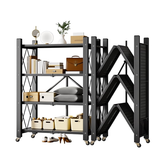 Joybos 4 Tiers Foldable Storage Organizer Wire Shelf Rack with Wheels, Holds Up To 800 Pounds,Black
