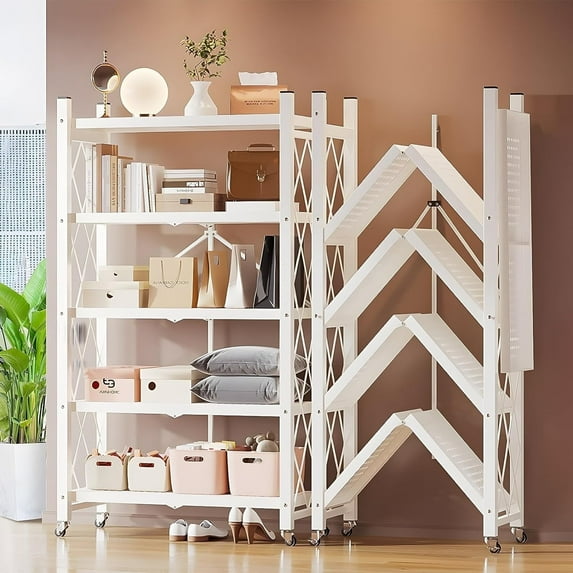 Joybos 5 Tiers Foldable Storage Organizer Wire Shelf Rack with Wheels,Holds Up To 1000 Pounds,White