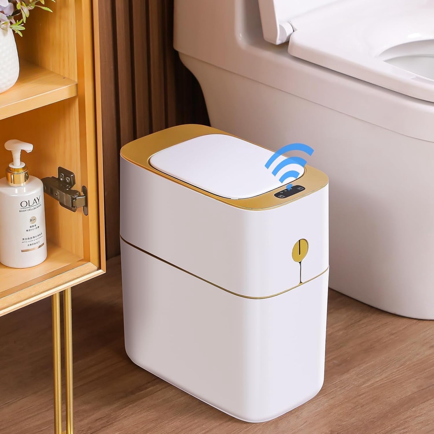Joybos Automatic Bathroom Trash Can, 3.5 Gallon Plastic Motion Sensor Garbage Bin with Soft Close Lid, White & Gold, 1Pc