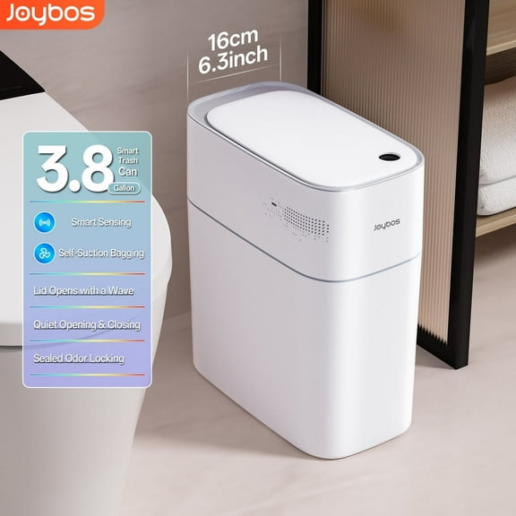 Joybos Automatic Trash Cans with Lids,3.8 Gallon White Motion Sensor Garbage Bin with 1 Roll Trash Bags