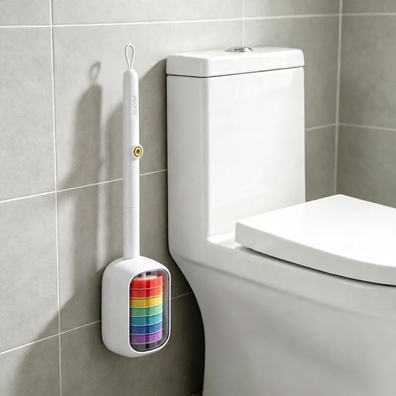 Joybos Disposable Toilet Brush Cleaning System, RainbowButton Wand, ClearView AutoOpen WallMount Caddy, 35Count MultiColor Rainbow Refill Heads, NoTouch 360 Swivel Toilet Bowl Kit