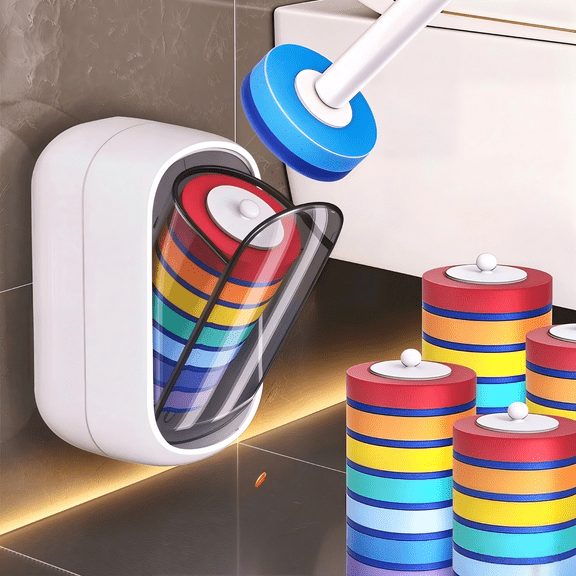 Joybos Disposable Toilet Brush System with 35 Count Rainbow Cleaning Heads, Wall Mount Caddy and 360 Degree Swivel Wand