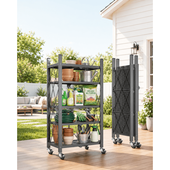 Joybos Foldable Metal Storage Shelving Unit, Tool-Free Snap Lock with Anti-Fall Guardrail & Rustproof Powder Coating, Black for Small Apartment Pantry Laundry