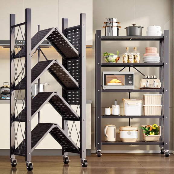 Joybos Foldable Metal Storage Shelving Unit, Tool-Free Snap Lock with Anti-Fall Guardrail & Rustproof Powder Coating, Black for Small Apartment Pantry Laundry
