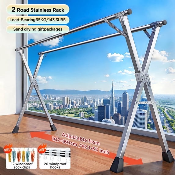 Joybos 63 inches Clothes Drying Rack,Foldable Space Saving Laundry Drying Rack Stainless Steel, Indoor Outdoor with 20 Windproof Hooks and 12 Clips