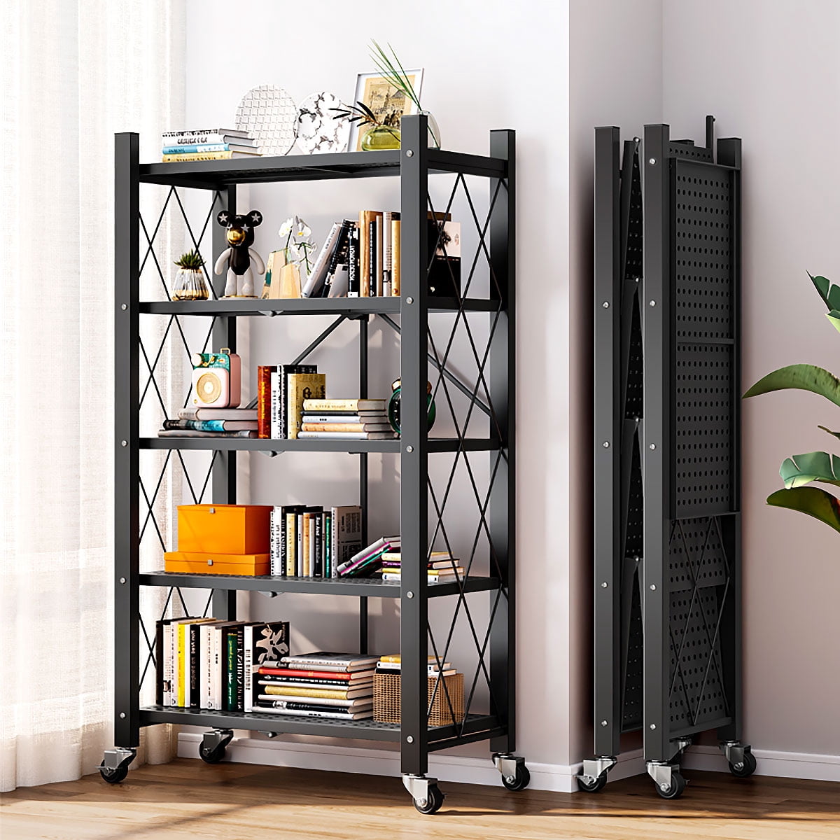 Joybos 5-Shelf Heavy Duty Metal  Storage Shelves with Wheels and Privacy Curtains, No Assembly Organizer Wire Shelf Rack for Kitchen, Basement, Pantry