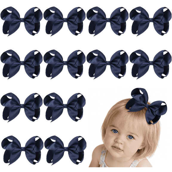 Joybowie 12pcs 6in baby bows hair bows solid navy blue ribbed ribbon hair accessories