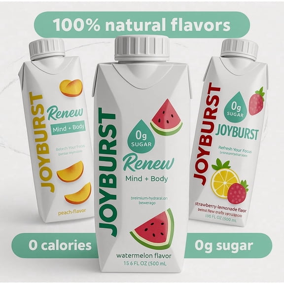 Joyburst Renew Hydration Drink, Variety Pack, 16.9 fl oz (18 Pack) – Sugar Free, Zero Calorie, Electrolytes + B Vitamins, Focus & Recovery, Eco-Friendly Bottles