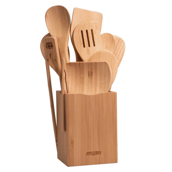 Joyce Chen 11-Piece Burnished Bamboo Cooking Utensil Set with Holder & Spoon Rest, Nonstick-Safe Spoons, Spatulas & Tongs