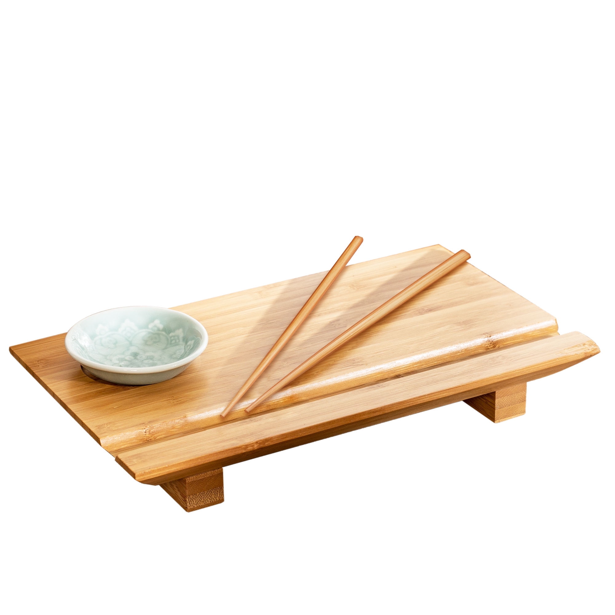 Burnished Bamboo Rectangular Sushi Board Set with Ceramic Dish