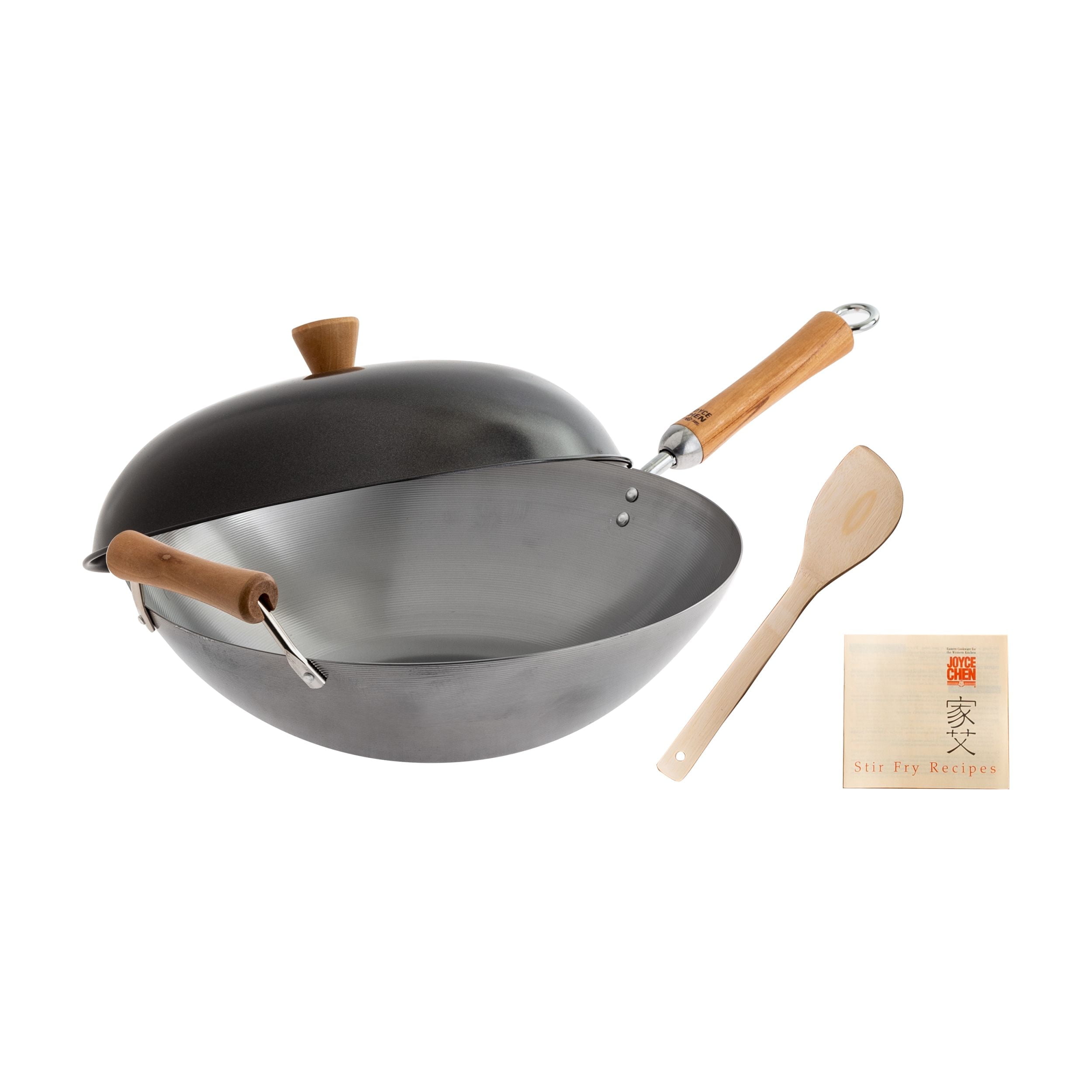 14-Inch Carbon Steel Wok Set with Birch Handles and Lid