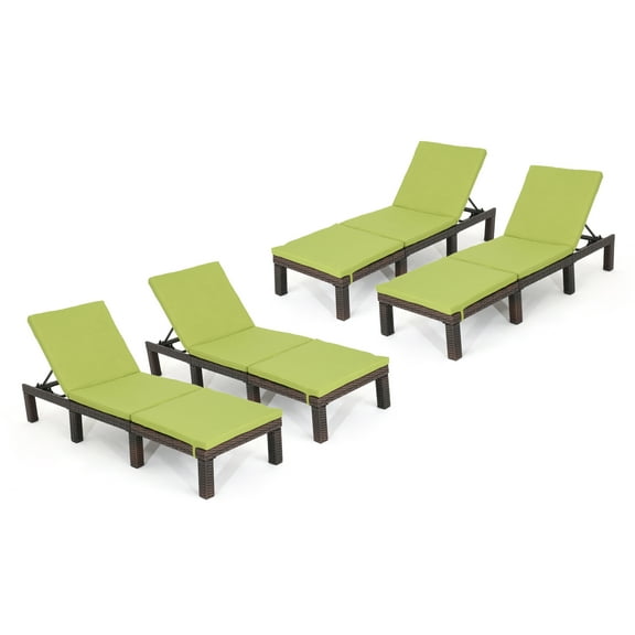 Joyce Outdoor Multibrown Wicker Chaise Lounge with Green Cushion, Set of 4