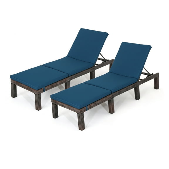 Joyce Outdoor Wicker Chaise Lounge, Set of 2, Multibrown and Blue