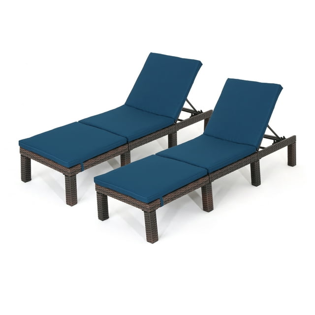 Joyce Outdoor Wicker Chaise Lounge, Set of 2, Multibrown and Blue