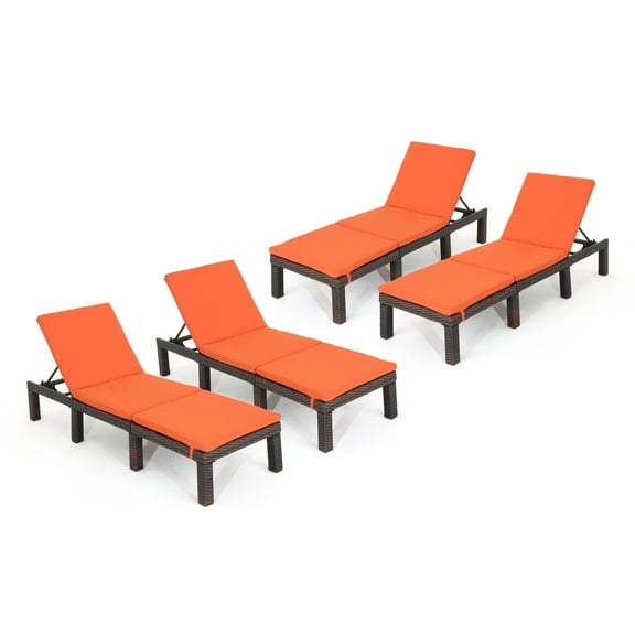 Joyce Outdoor Wicker Chaise Lounge, Set of 4, Multibrown and Orange