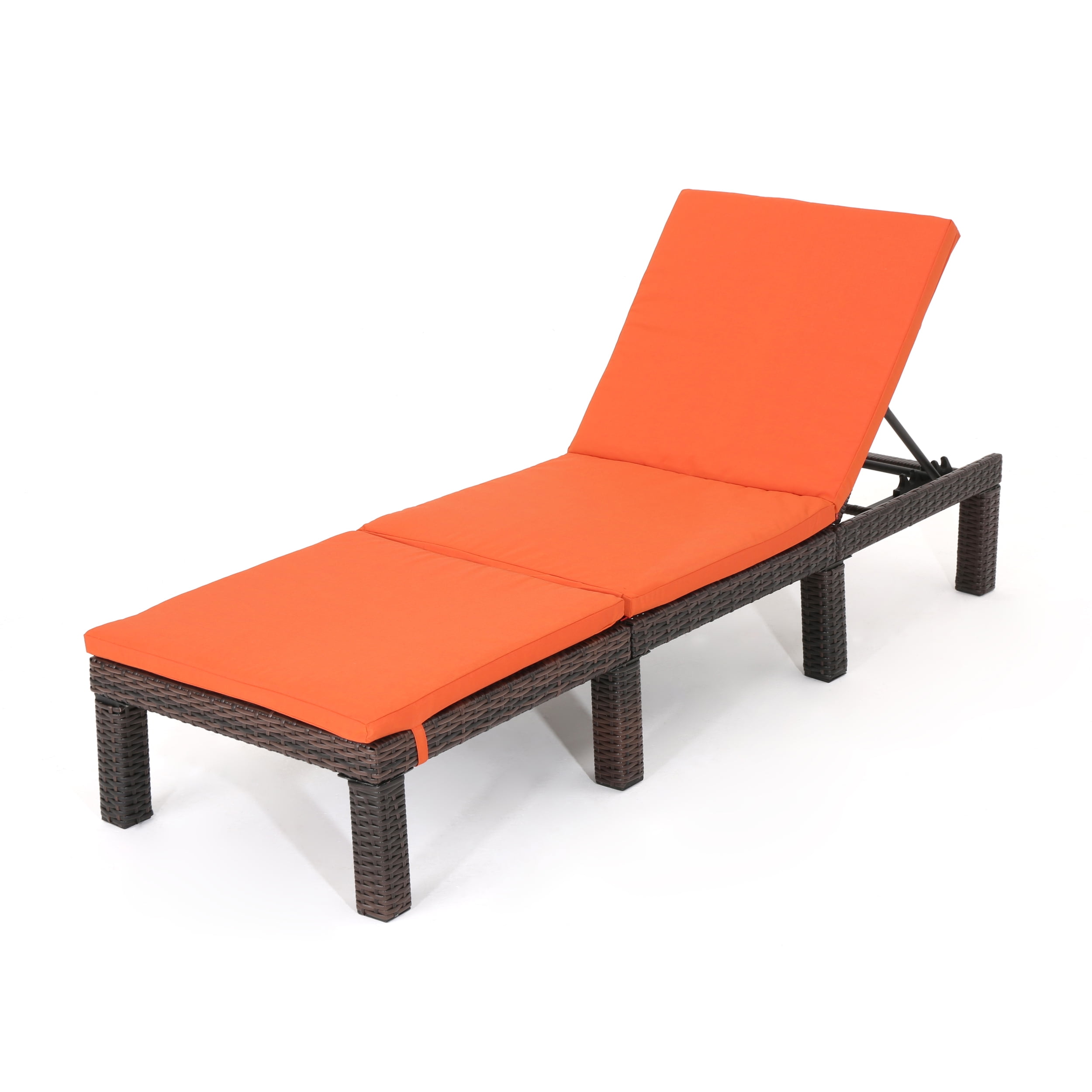 Multibrown and Orange Wicker Armless Adjustable Chaise Lounge with Cushions