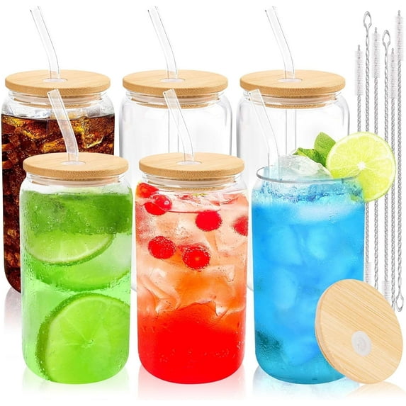 Joyclub 16 oz 6 Pack Glass Drinking Jars with Bamboo Lids and Straws