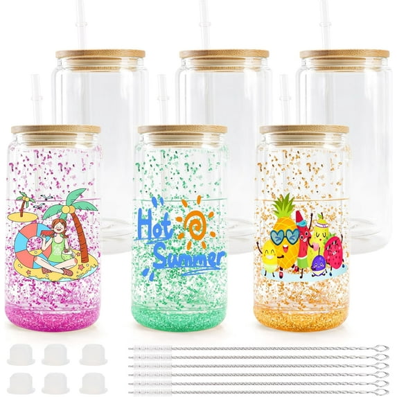 Joyclub 6 Pack 16 oz Sublimed Snow Globe cup with lid and straw for Snow Globe Sparkling DIY smoothie soda Boba tea cocktail