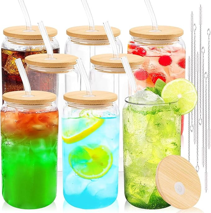 Joyclub Glass Cups with Bamboo Lids and Straws 8 Set 16 oz Reusable ...
