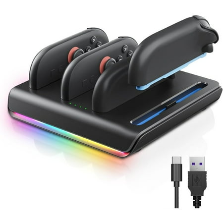 Joycon Charger Dock for Switch 2, 4-in-1 Switch 2 joycon Charging Dock with 8 RGB Lighting Modes, LED Indicators, 5V/2A Fast Magnetic Charging, Circuit Protection, and USB-C Cable (Black)