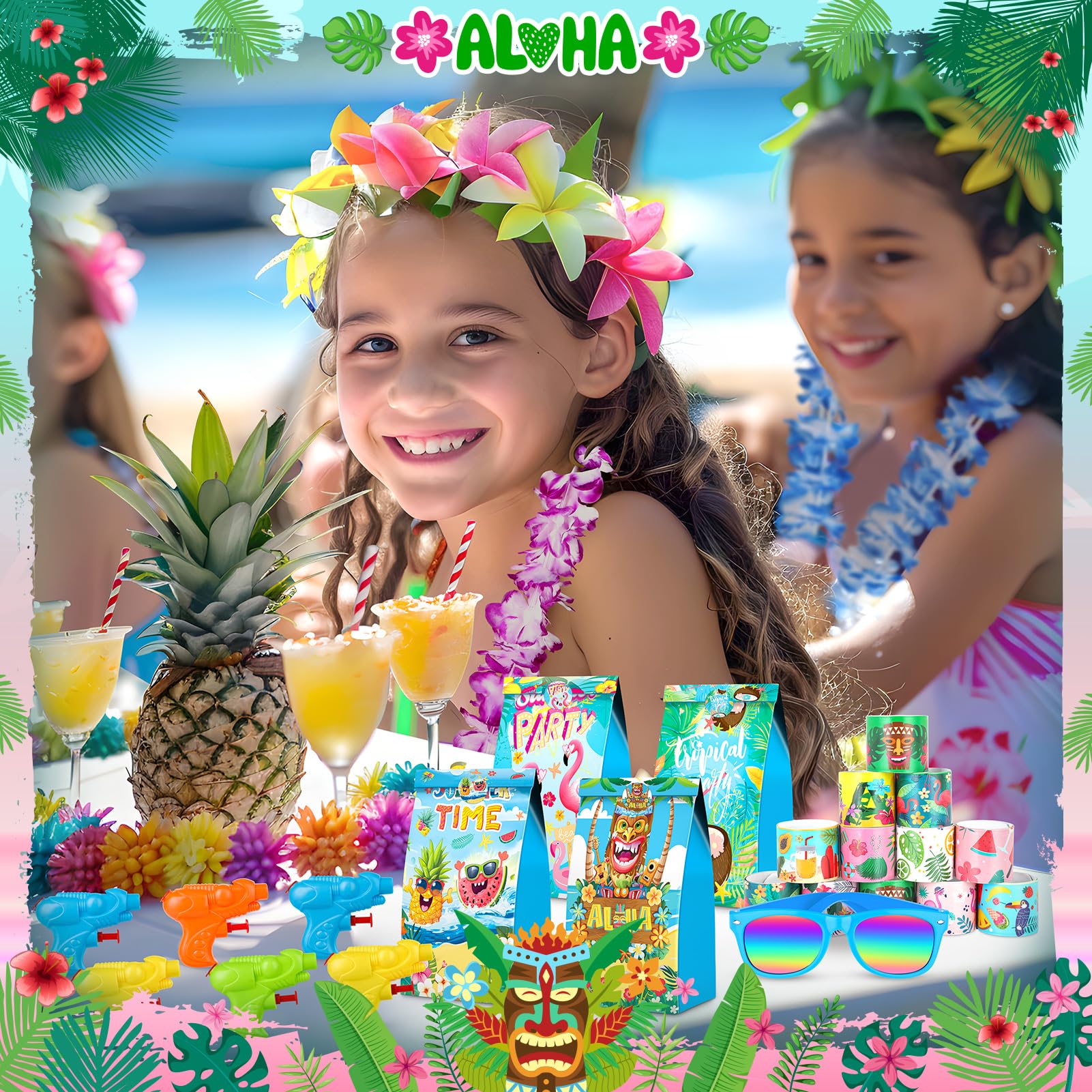Hawaii Outfit Damen 40 Stück Hawaiianische Leis Girlanden Hawaii Blumenketten Stirnbänder Karneval Kostüm Damen