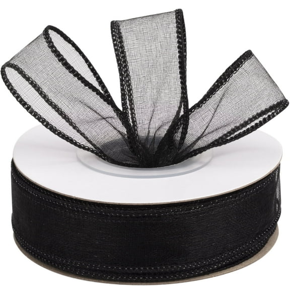 Joycrosso 1 Inch Black Wired Organza Ribbon - 20 Yards Sheer Decorative Ribbon for Gift Wrapping, Wedding Decor, Christmas Tree, Crafts & DIY Projects