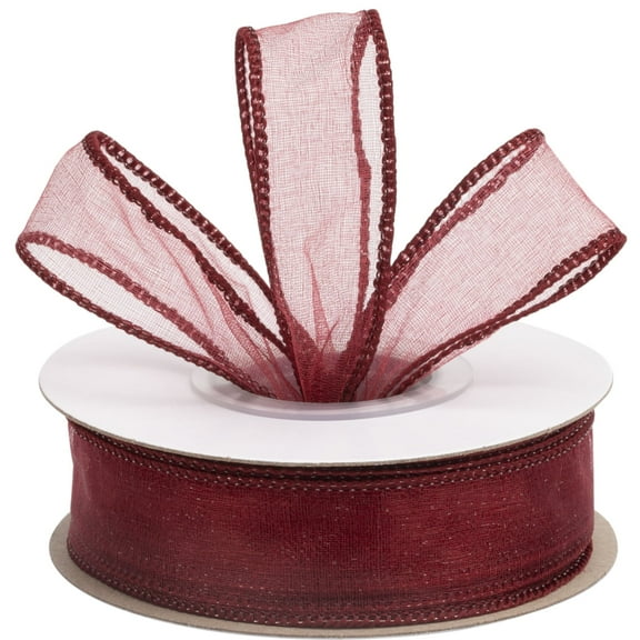 Joycrosso 1 Inch Burgundy Wired Organza Ribbon - 20 Yards Sheer Decorative Ribbon for Gift Wrapping, Wedding Decor, Christmas Tree, Crafts & DIY Projects
